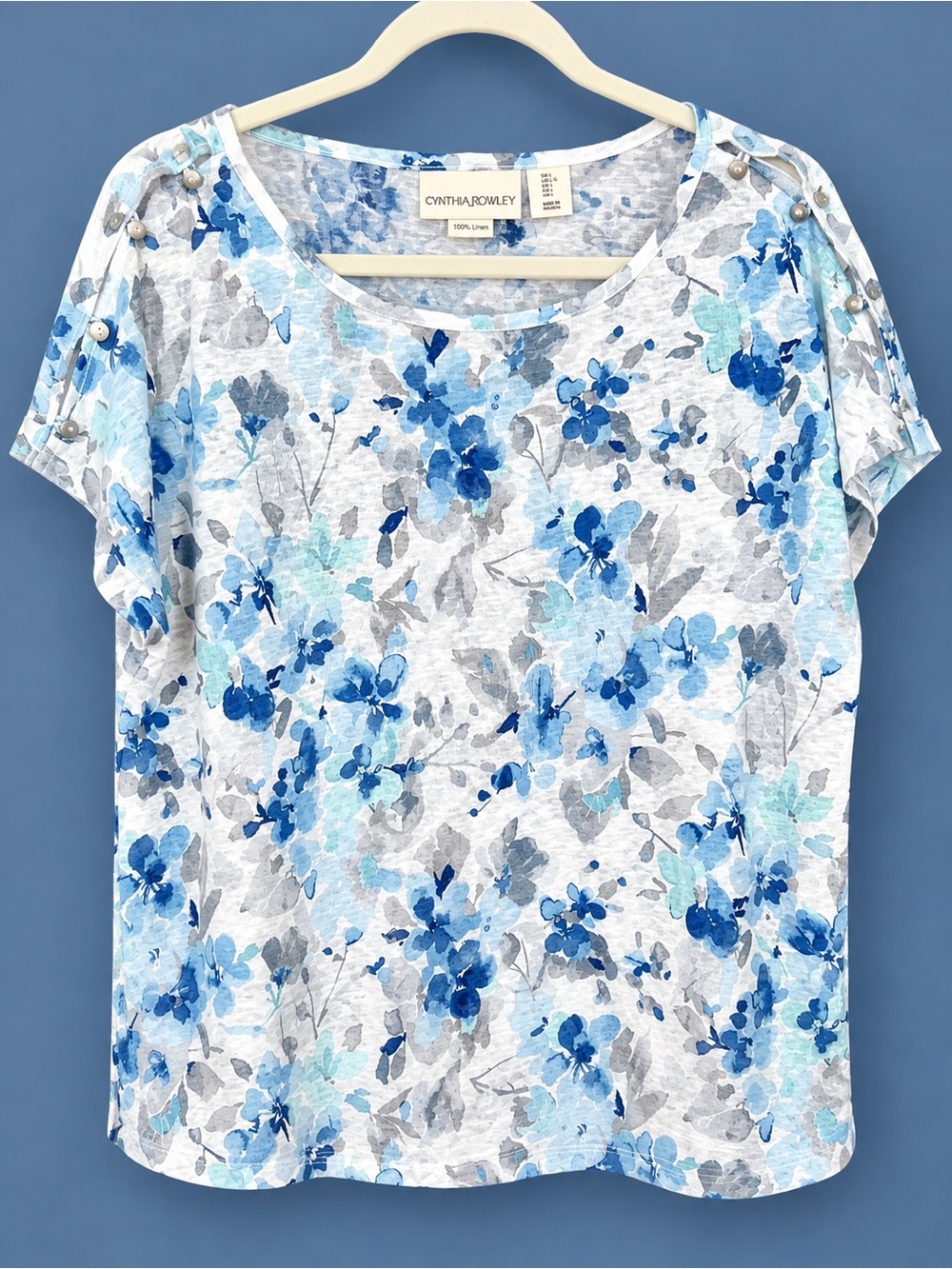 Cynthia Rowley Blue, Light Blue & Gray Floral Short Sleeve Tee